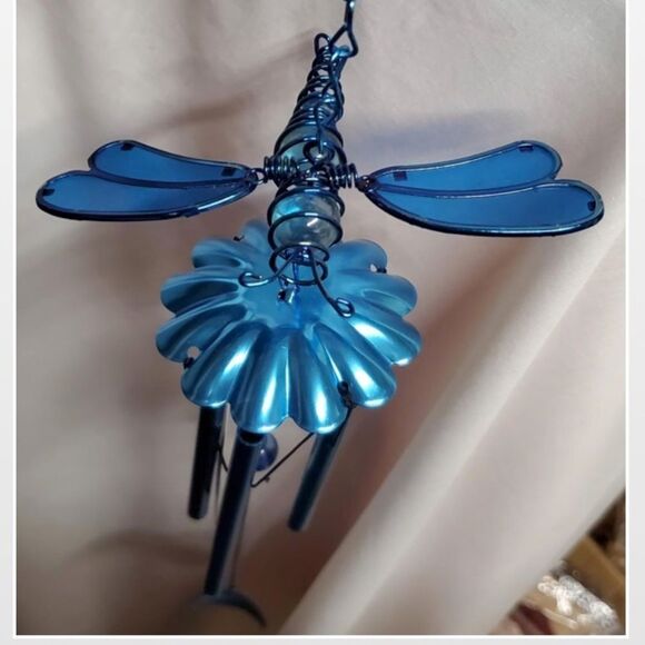 New Russo III Wind Chime Dragonfly Blue Metal Glass Home Outdoor - Picture 9 of 16